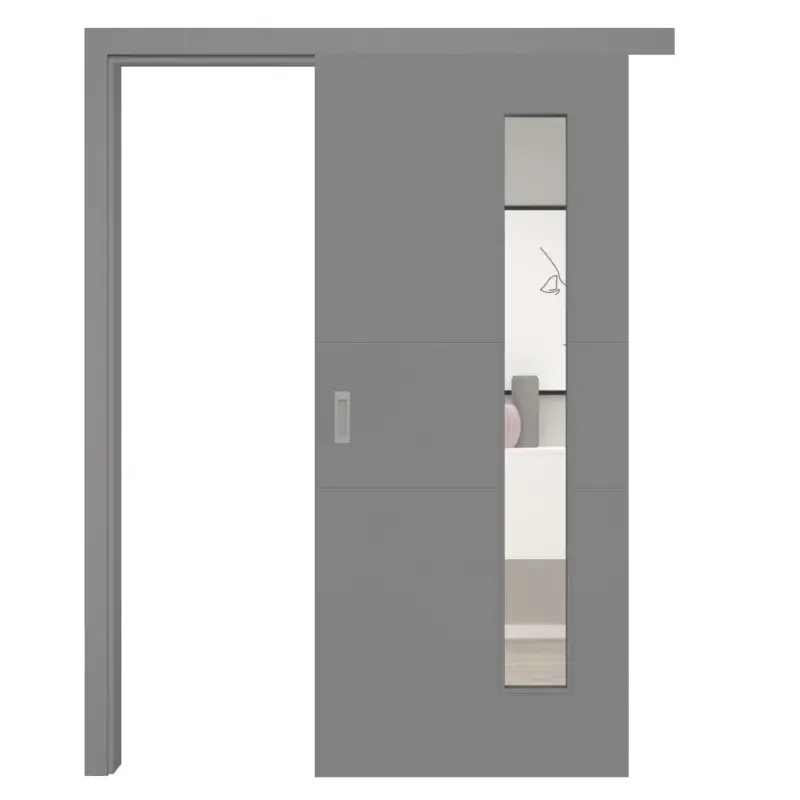 Bestpreis Schiebetür mit Schiebetürzarge mit Lichtausschnitt grau 2 Rillen quer - Modell Designtür Q27LAB