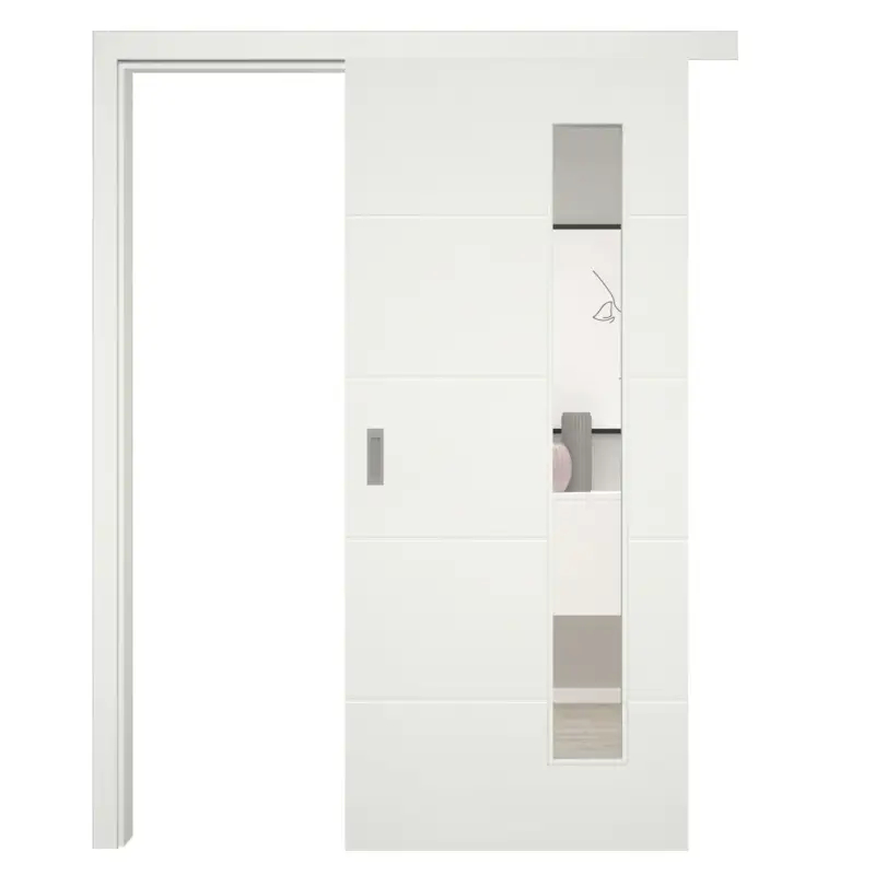 Begrenztes Angebot Schiebetür mit Schiebetürzarge Rundkante 60 mm Bekleidung mit Lichtausschnitt soft-weiß 4 Rillen - Modell Designtür Q41LAB