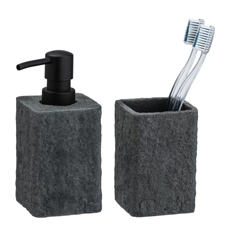Meistverkauft Seifenspender und Zahnputzbecher Set Mod. Villata, Grau2-teiliges Set